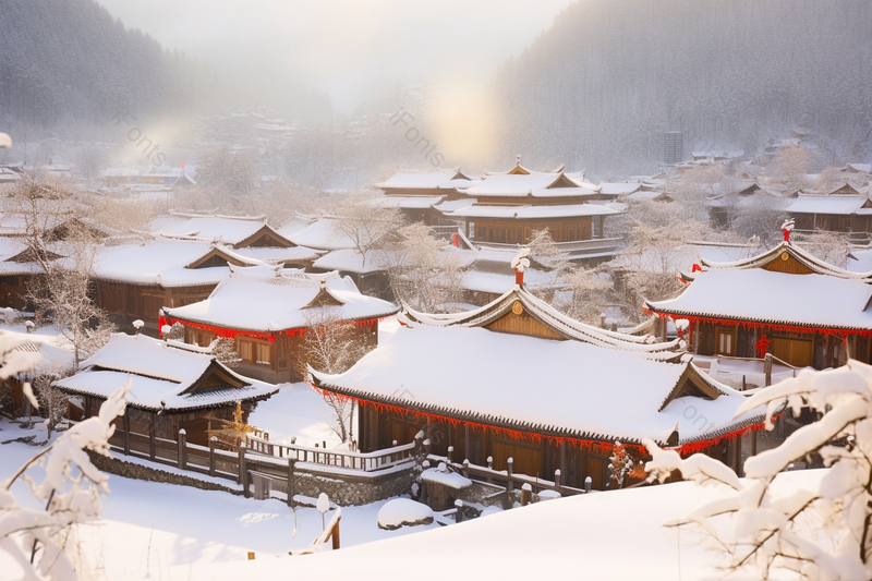 冬季下雪的村庄太阳寒冷树木东亚建筑实拍摄影图,高清,摄影图,摄影图片,图片大全,摄影图免费下载